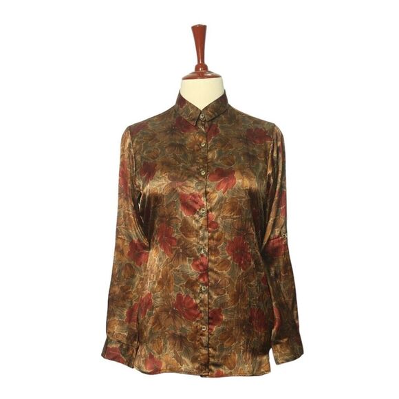 Womens Silky Shirt Button Up Brown Red Floral Flower Tropical Hawaiian Tunic M - Picture 1 of 7
